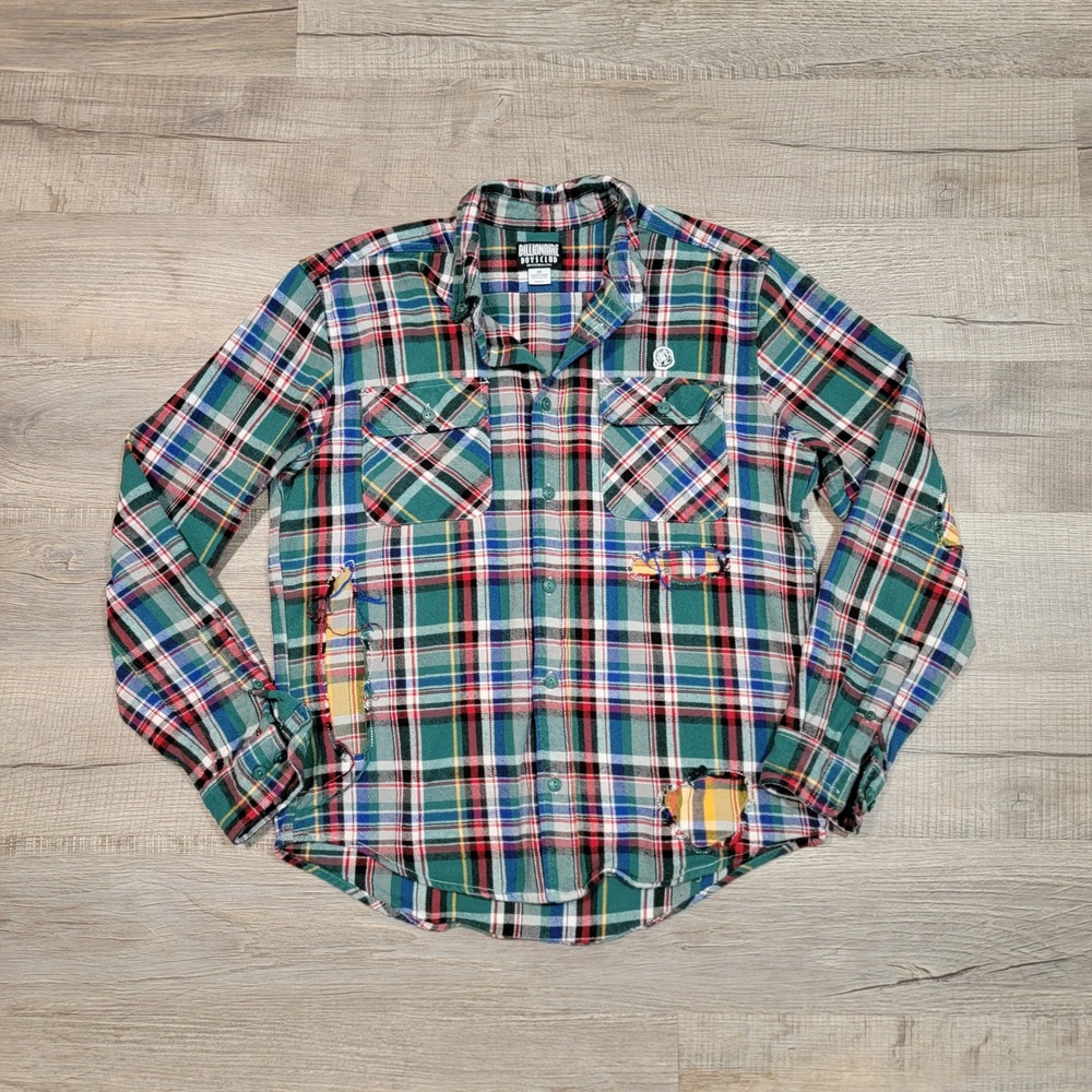 Billionaire Boys Club Mens Green Plaid Distressed Patch Flannel Shirt Size M